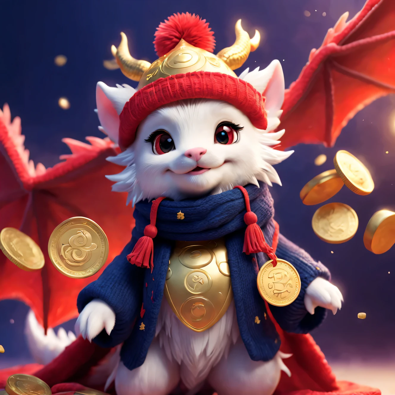 Plush toy design,(Close up of cute furry smiling little zodiac dragon wearing woolen hat throwing gold coins),(Close one eye)(Gold coins flying),looks like barbie doll,Gorgeous stylish winter fashion sweaters and scarves,Ethereal,Dark navy blue and fiery red background, 2024 new year elements, , Cute 3d rendering, Cute and detailed digital art, slight feeling, stylized 3d render, 8K, 3D character art rendering, lovely digital painting, Anime style 3D, Ultra-detailed rendering, hyper HD, tmasterpiece, Acura, ctextured skin, super detailing, high detal, high high quality, Award-Awarded, Best quality at best, A high resolution, 16k,
