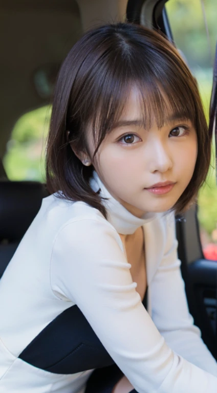 (Photorealistic), (ultra high realistic), (The ultra -The high-definition目), (ultra high detailed), (Increase contrast), (Increase saturation), (14 years old girl、a small face、Extremely beautiful face, natural make up)(fair white skin)(sparkly eyes))A pretty woman with perfect figure, Spoiled look,, (Lifelike face), a short bob、Hair hanging over the ears, Realistic eyes, natural make up、beautiful detail, (real looking skin), Beautiful skins, enticing, The ultra -The high-definition, A hyper-realistic, Realistic, Very detailed,, bangss), (Tight black knit miniskirt dress、I can see the cleavage)(((White knee high boots)))japanese cute idol, I can see the cleavage) Brown hair,((lying in the passenger seat of a car))、Sweet pose、Beautiful valley、beutiful breast、thin-waist、big butts、Knee-deep angle、