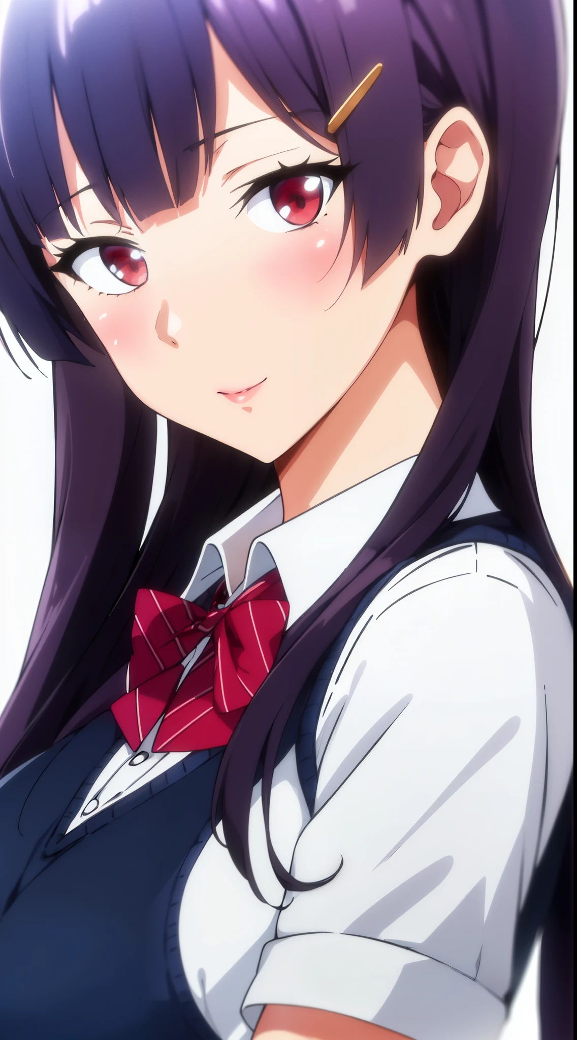 (((White Background))),
school_uniform,red bowtie,white shirt,Blue sweater vest,pleated_skirt,
flower hair clip, hair flower, hair ornament, 
Red eyes,bangs, black_hair, long_hair,
1 girl, 20yo,Young female,Beautiful Finger,Beautiful long legs,Beautiful body,
Beautiful Nose,Beautiful character design, perfect eyes, perfect face,expressive eyes,perfect balance,
looking at viewer,(Focus on her face),closed mouth, (innocent_big_eyes:1.0),(Light_Smile:0.3),
official art,extremely detailed CG unity 8k wallpaper, perfect lighting,Colorful, Bright_Front_face_Lighting,White skin,
(masterpiece:1.0),(best_quality:1.0), ultra high res,4K,ultra-detailed,
photography, 8K, HDR, highres, absurdres:1.2, Kodak portra 400, film grain, blurry background, bokeh:1.2, lens flare, (vibrant_color:1.2),professional photograph,
(Beautiful,large_Breasts:1.4), (beautiful_face:1.5),(narrow_waist),