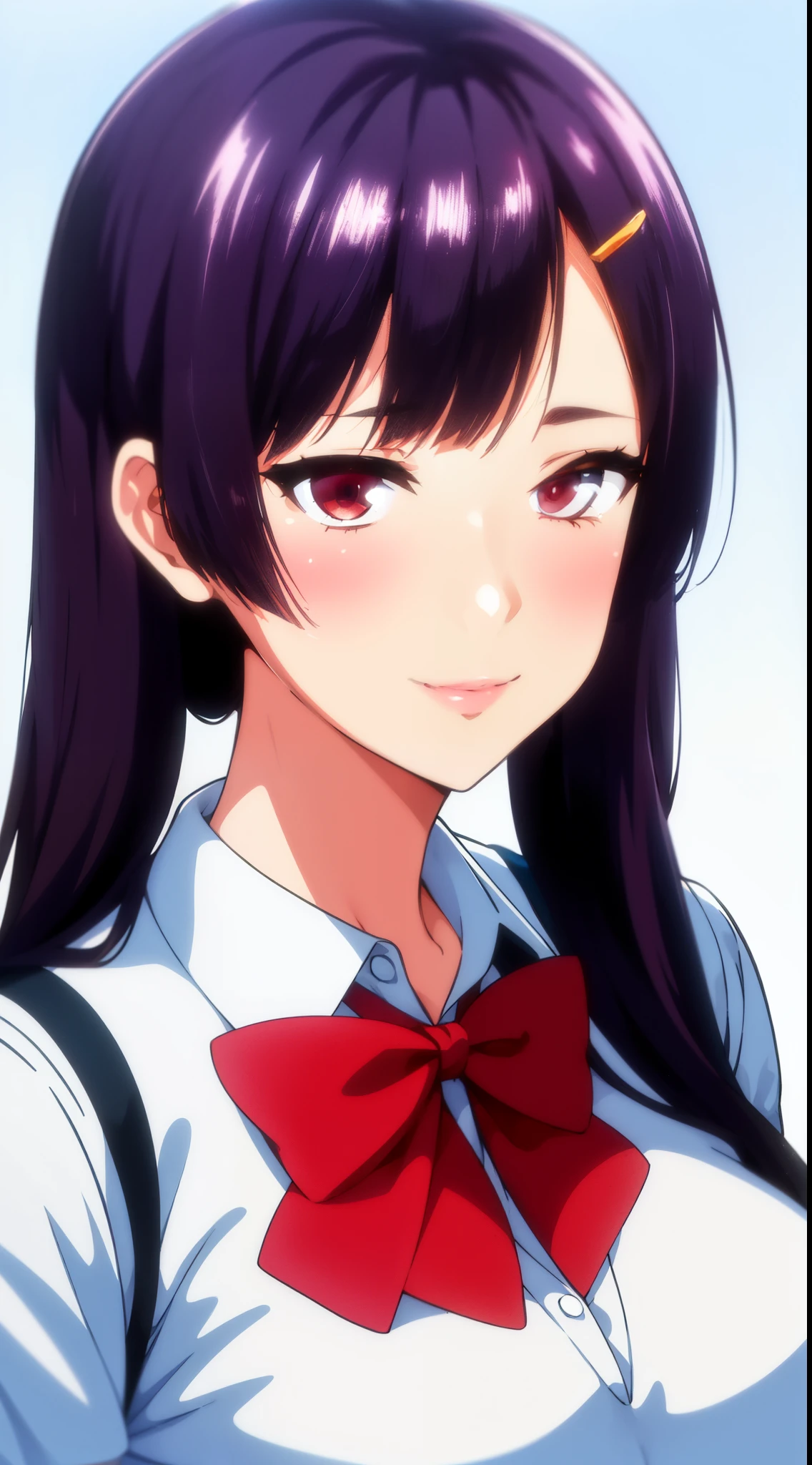 White Background,
school_uniform,red bowtie,white shirt,Blue sweater vest,pleated_skirt,
flower hair clip, hair flower, hair ornament, 
Red eyes,bangs, black_hair, long_hair,
1 girl, 20yo,Young female,Beautiful Finger,Beautiful long legs,Beautiful body,
Beautiful Nose,Beautiful character design, perfect eyes, perfect face,expressive eyes,perfect balance,
looking at viewer,(Focus on her face),closed mouth, (innocent_big_eyes:1.0),(Light_Smile:0.3),
official art,extremely detailed CG unity 8k wallpaper, perfect lighting,Colorful, Bright_Front_face_Lighting,White skin,
(masterpiece:1.0),(best_quality:1.0), ultra high res,4K,ultra-detailed,
photography, 8K, HDR, highres, absurdres:1.2, Kodak portra 400, film grain, blurry background, bokeh:1.2, lens flare, (vibrant_color:1.2),professional photograph,
(Beautiful,large_Breasts:1.4), (beautiful_face:1.5),(narrow_waist),