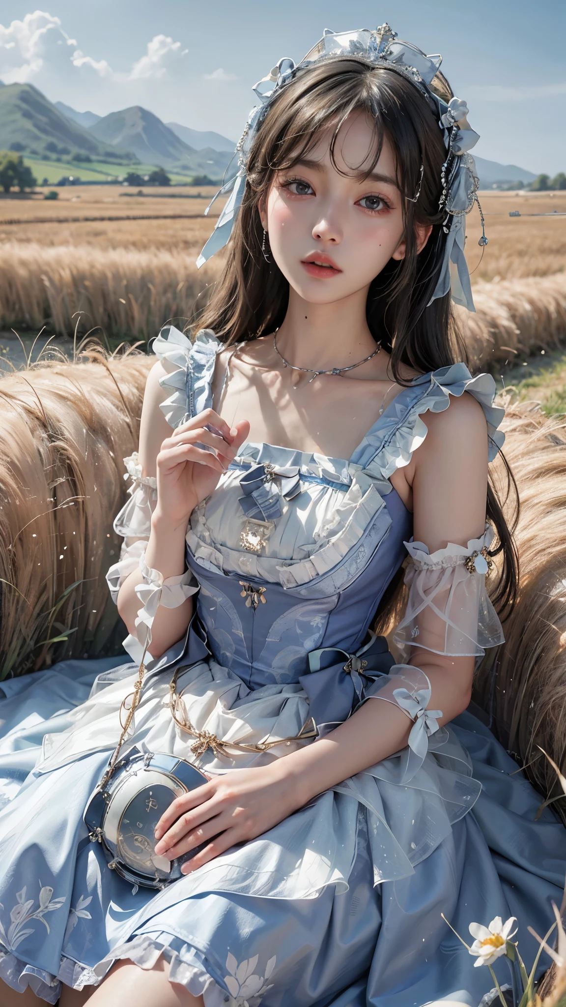 Best quality at best, 超A high resolution, (realisticlying:1.4), tmasterpiece, A high resolution, Original, very detailed wallpaper, 
grassy fields, Skysky, 
1 girl, Alone, ulyanakanem\), Wassert dress, 
scratching board,