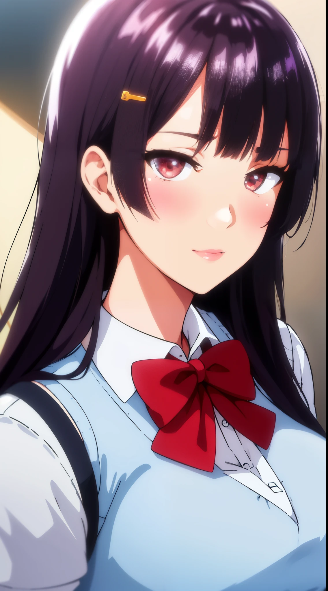 White Background,
school_uniform,red bowtie,white shirt,Blue sweater vest,pleated_skirt,
flower hair clip, hair flower, hair ornament, 
Red eyes,bangs, black_hair, long_hair,
1 girl, 20yo,Young female,Beautiful Finger,Beautiful long legs,Beautiful body,
Beautiful Nose,Beautiful character design, perfect eyes, perfect face,expressive eyes,perfect balance,
looking at viewer,(Focus on her face),closed mouth, (innocent_big_eyes:1.0),(Light_Smile:0.3),
official art,extremely detailed CG unity 8k wallpaper, perfect lighting,Colorful, Bright_Front_face_Lighting,White skin,
(masterpiece:1.0),(best_quality:1.0), ultra high res,4K,ultra-detailed,
photography, 8K, HDR, highres, absurdres:1.2, Kodak portra 400, film grain, blurry background, bokeh:1.2, lens flare, (vibrant_color:1.2),professional photograph,
(Beautiful,large_Breasts:1.4), (beautiful_face:1.5),(narrow_waist),