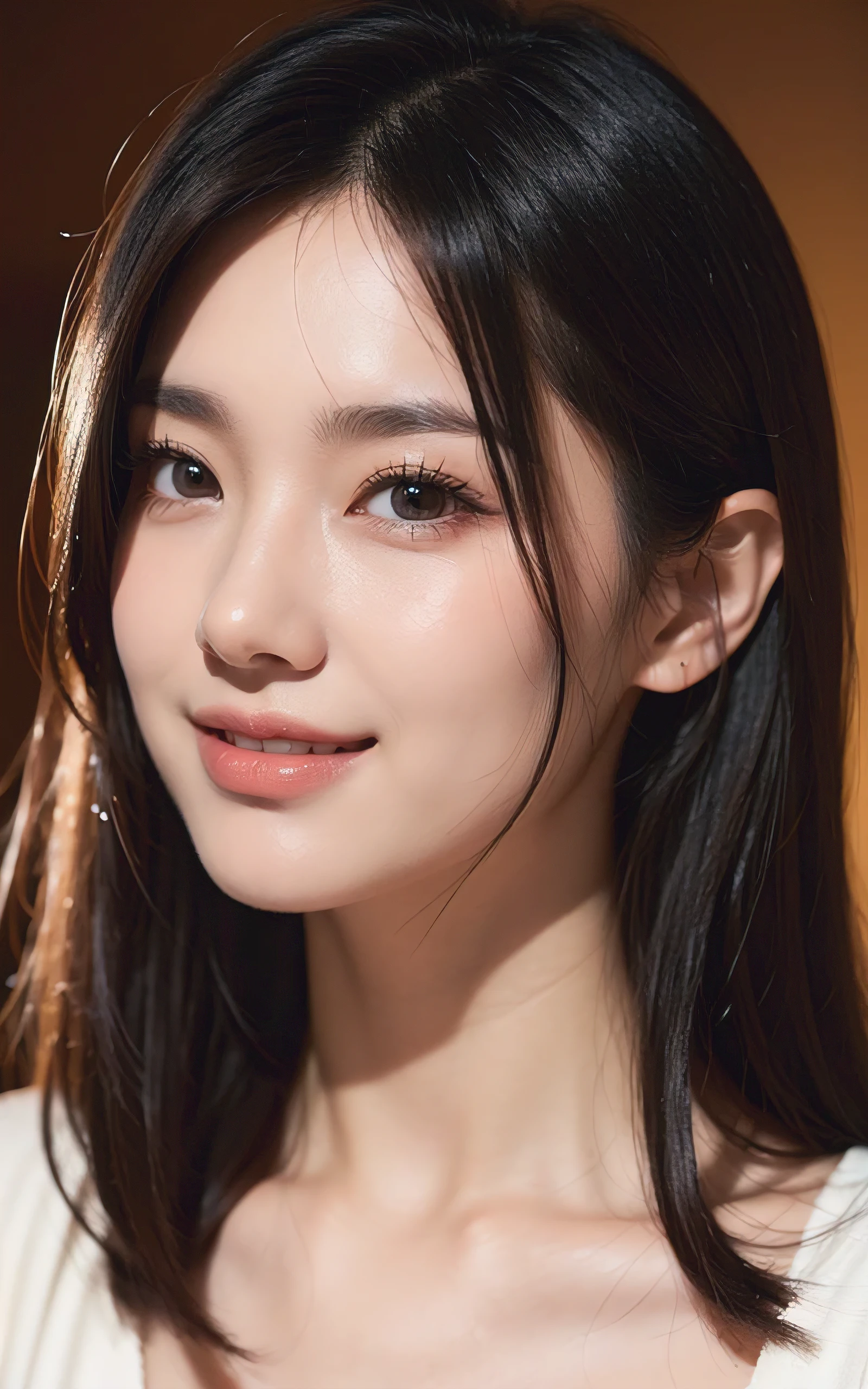upperbody shot、front-facing view、a Japanese young pretty woman、16 yo, Gentle face、hyper cute face、shiny lips、Double eyelids in both eyes、Natural makeup, Smile, long eyelashes are bright, Bob Hair Tweeny Smooth Light Brown Hair、Hair swaying in the wind, asymmetrical bangs、Headframe、image in center、8K、high detailing、detailed hairstyle、A detailed face、spectacular movie lighting、octane renderings、with a vibrant、Ultra-realistic、Perfect limbs、perfect anatomia
