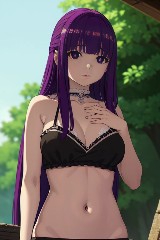 distant, distant, Long hair, Bangs, (Purple eyes:1.1), Purple hair, bikini of, black bikini of, plein air, Looking at Viewer, Upper body, (masutepiece:1.2), Best Quality, High resolution, Unity 8k壁纸, (Illustration:0.8), (Beautiful detailed eyes:1.6), extra detailed face, Perfect Lighting, extremely details CG, (Perfect Anatomy)