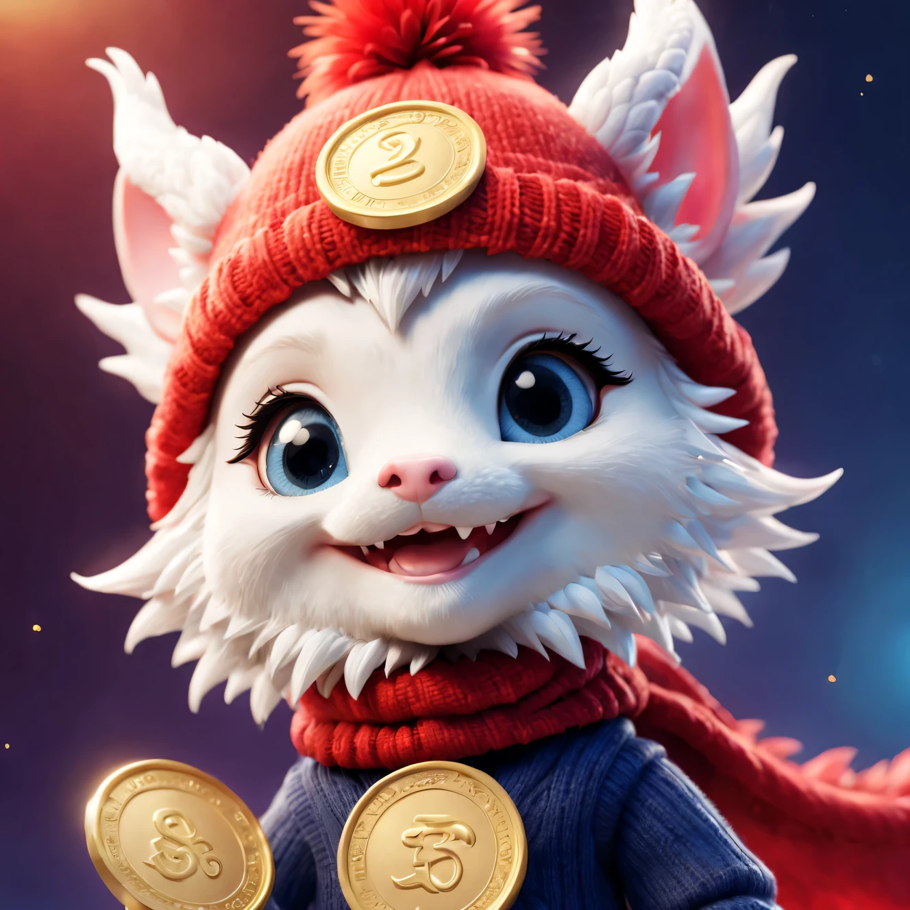 Plush toy design，（Close up of cute furry smiling little zodiac dragon wearing woolen hat throwing gold coins），（Close one eye）（Gold coins flying），looks like barbie doll，Gorgeous stylish winter fashion sweaters and scarves，Ethereal，Dark navy blue and fiery red background, 2024 new year elements, , Cute 3d rendering, Cute and detailed digital art, slight feeling, stylized 3d render, 8K， 3D character art rendering, lovely digital painting, Anime style 3D, Ultra-detailed rendering, hyper HD, tmasterpiece, Acura, ctextured skin, super detailing, high detal, high high quality, Award-Awarded, Best quality, A high resolution, 16k,