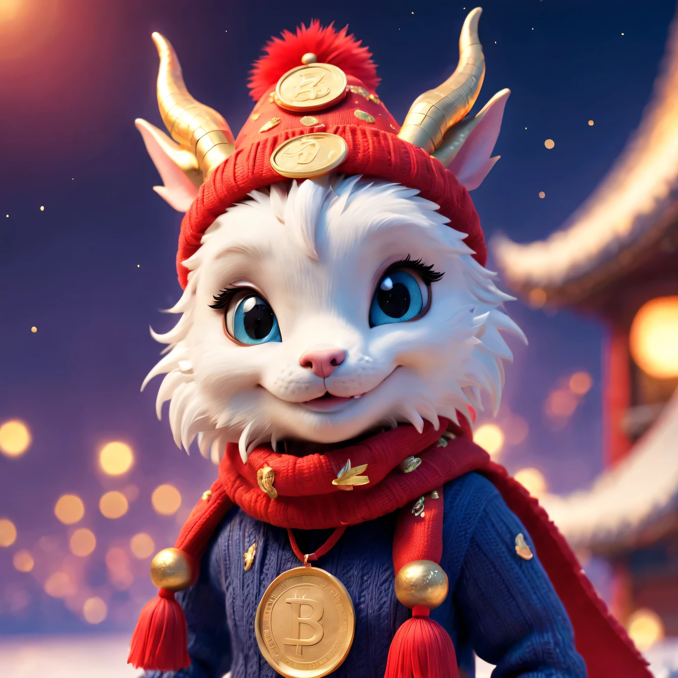 Plush toy design，（Close up of cute furry smiling little zodiac dragon wearing woolen hat throwing gold coins），（Close one eye）（Gold coins flying），looks like barbie doll，Gorgeous stylish winter fashion sweaters and scarves，Ethereal，Dark navy blue and fiery red background, 2024 new year elements, , Cute 3d rendering, Cute and detailed digital art, slight feeling, stylized 3d render, 8K， 3D character art rendering, lovely digital painting, Anime style 3D, Ultra-detailed rendering, hyper HD, tmasterpiece, Acura, ctextured skin, super detailing, high detal, high high quality, Award-Awarded, Best quality, A high resolution, 16k,