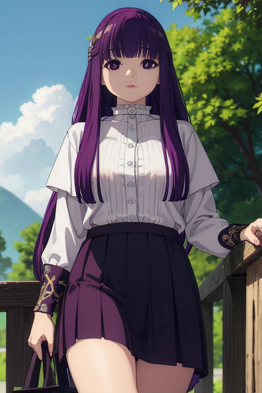 distant, Long hair, Bangs, (Purple eyes:1.1), Purple hair, Mini skirt, Thigh, plein air, Looking at Viewer, Cowboy Shot, (masutepiece:1.2), Best Quality, High resolution, Unity 8k壁纸, (Illustration:0.8), (Beautiful detailed eyes:1.6), extra detailed face, Perfect Lighting, extremely details CG, (Perfect Anatomy)、Nipples and pubic hair cannot be hidden with clothes、Nipples and genitals are fully visible