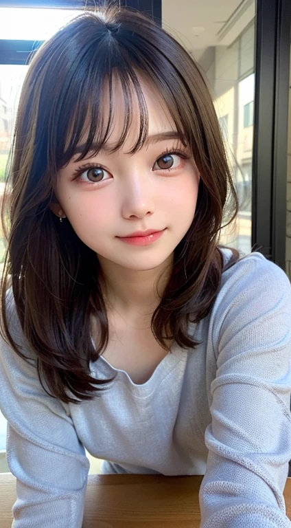 ((Best Quality, 8K, masutepiece)), ultra-detailliert, foco nítido, (1 cute girl), 18year old, Highly detailed facial and skin texture, (Beautiful and detailed eyes、Looks beautiful), (ssmile), (Closed mouth), (Round face), in casual attire、enjoy window shopping、 (front-facing view:1.5)、(length hair)、
