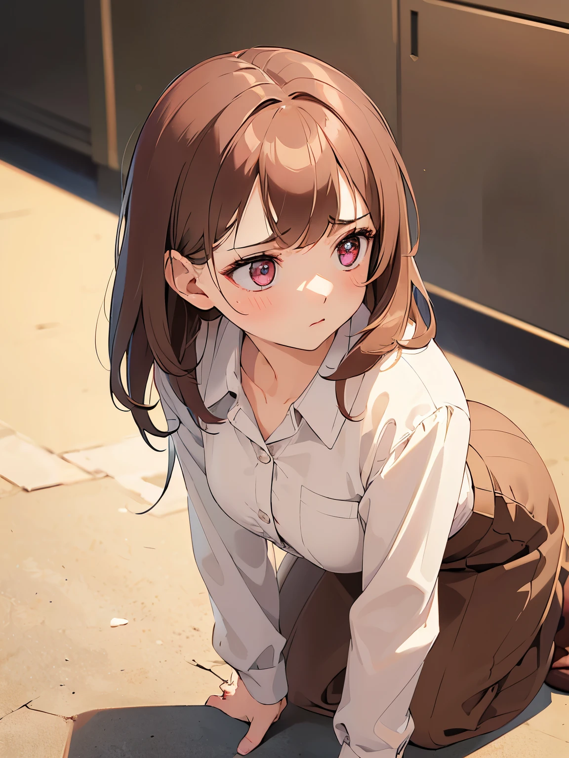all fours, (looking away:1.5), Shooting from above、masterpiece、top-quality、 Medium hair、Pink eyes、25 year old woman with brown bangs.、wearing a beige suit、Wearing a beige skirt、white shirt、blush, (Troubled look:1.3)、is standing、The background is office、Bold composition、Upper body is shown、Alone、
