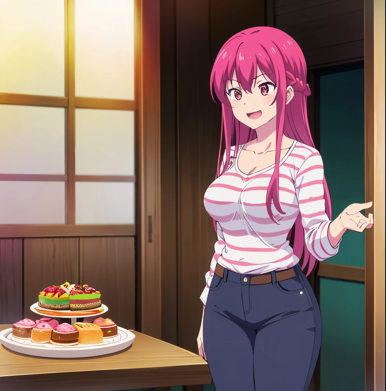 1girl,alone,ouka makuzawa, long hair,pink hair,open mouth,shirt,red eyes,braid,food,striped,cup,french braid,tray,striped shirt,cleavage,black tight jeans,big breasts,medium waist, wide hips, medium thighs, glass, holding tray, good anatomy, good hands, embarrassed, seductive, smiling