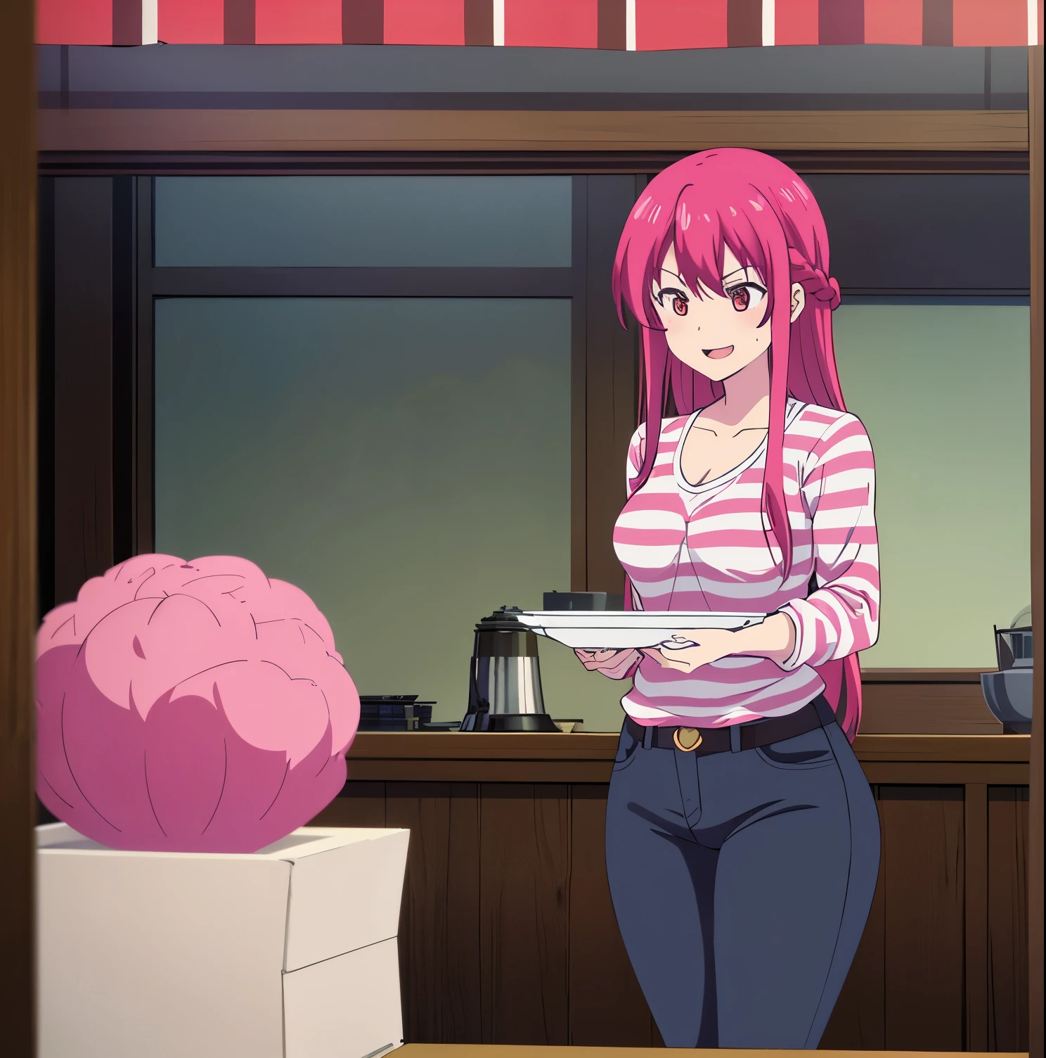 1girl,alone,ouka makuzawa, long hair,pink hair,open mouth,shirt,red eyes,braid,food,striped,cup,french braid,tray,striped shirt,cleavage,black tight jeans,big breasts,medium waist, wide hips, medium thighs, glass, holding tray, good anatomy, good hands, embarrassed, seductive, smiling