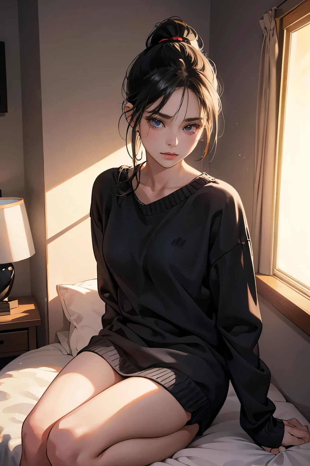 a young boy in a brown hooded jacket, 1 girl, high quality, exterior, high definition, cute, lying on a beautiful bed, detailed face, intricate clothing folds, soft lighting, vibrant colors, cinematic composition