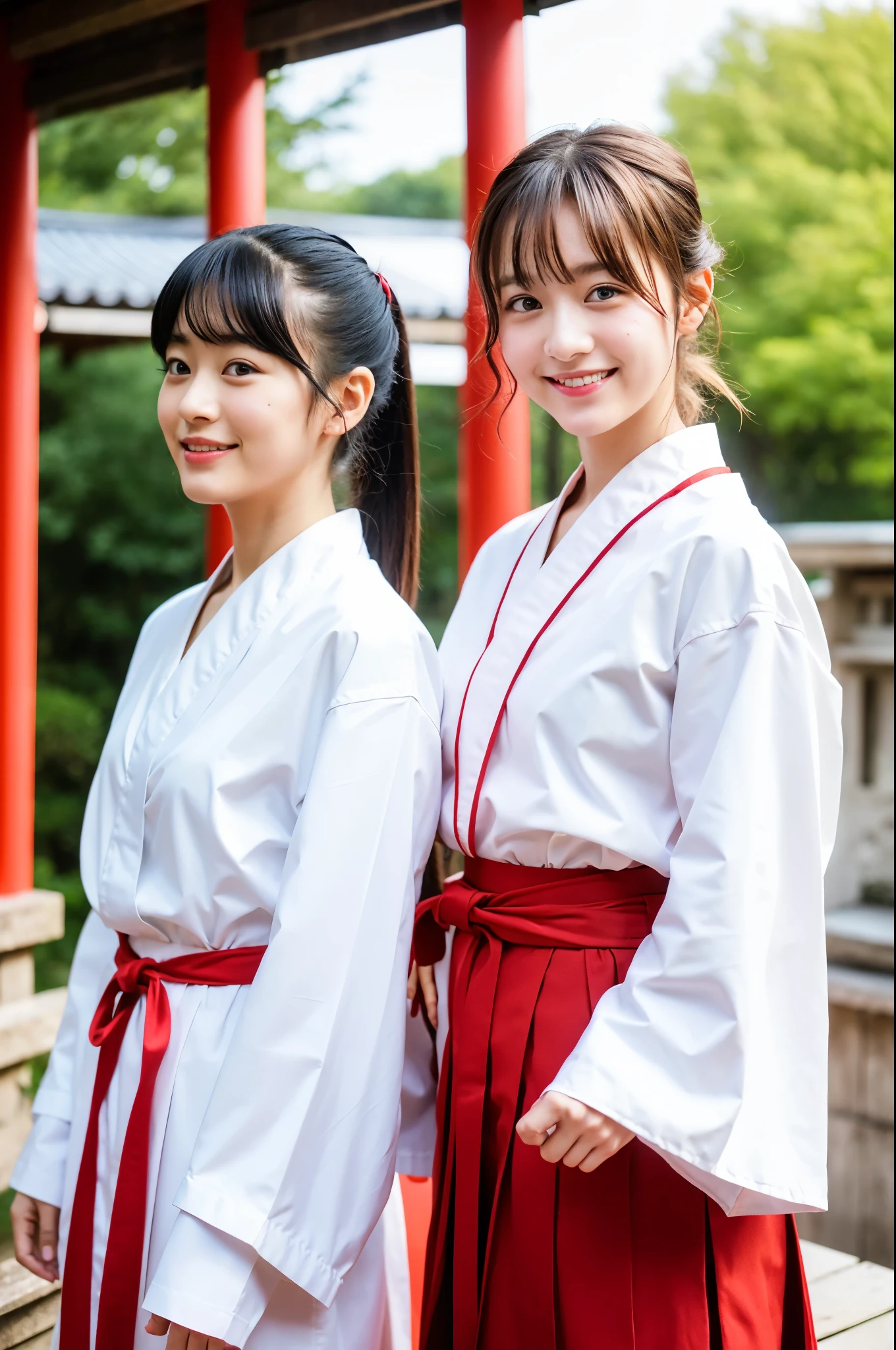 girls in Japanese shrine under sky,long-sleeved white hakama top and red hakama-bottom,red string bow on hair,18-year-old,bangs,a little smile,legs,short cut hair,low ponytail,from below,frontlighting
