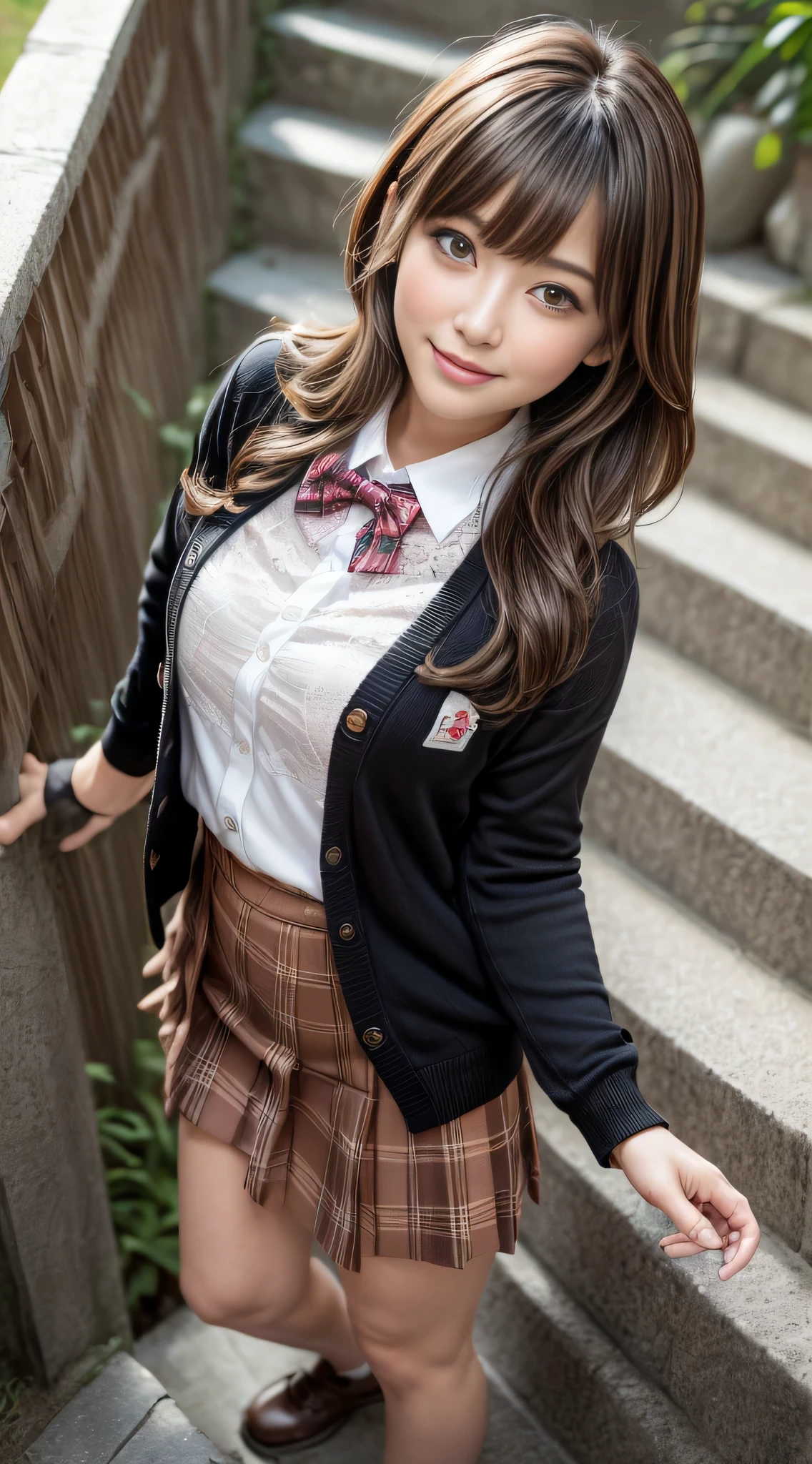 ((masutepiece, Best Quality, hight resolution, nffsw, Perfect Pixel, 4K, nffsw, nffsw))), 1girl in, Single, Solo, Beautie、full body seen、 ((Middle Wave Hair, Bangs, Brown hair)), ((Brown-eyed, Beautiful eyelashes, Realistic eyes)), ((Detailed face, Blushing:1.2)), ((Smooth texture:0.75, Realistic texture:0.65, Photorealistic:1.1, Anime CG style)), medium breasts, Dynamic Angle, Perfect body, ((red bowtie, School uniform, Black jacket, Open jacket, Brown cardigan, White shirt, Black skirt, plaid skirts)), City staircase、Looking up from the bottom of the stairs、Very embarrassing panic smile, turned around、bending forward、(The wind flipped my skirt and exposed my butt......................、Touching the buttocks with both hands、White floral lace panties)、