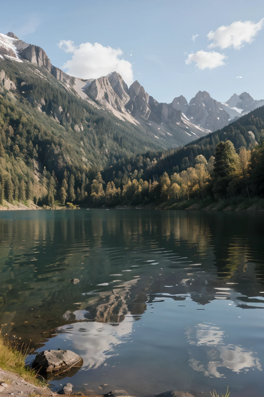 the lake mountains in the background