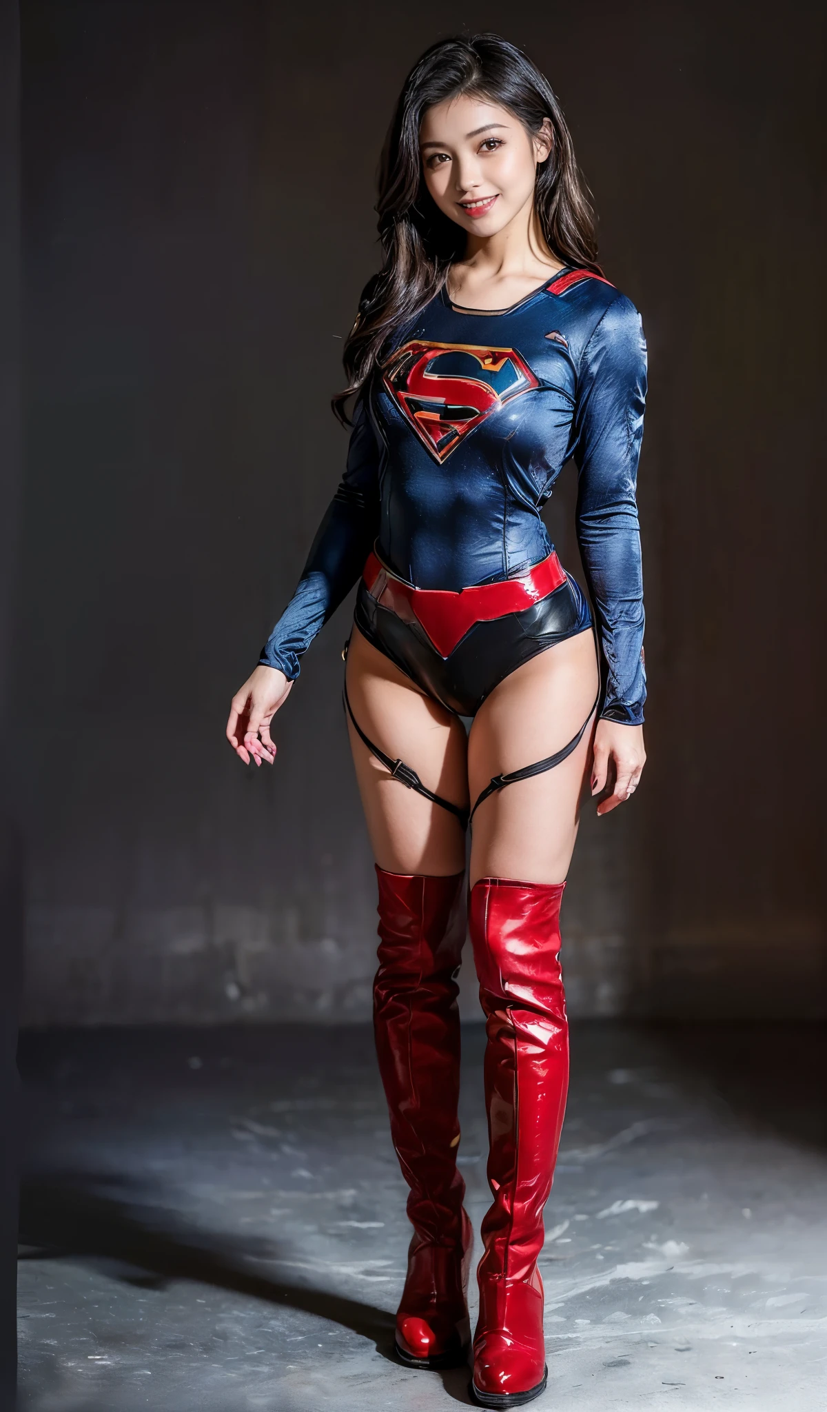 No background、Fitted Supergirl costume、Body Fit Costumes、and draw the full body、(((Wear black tights on your beautiful legs.)))、(((Grow legs、tall、Legally express the beauty of your smile)))、((((Make the most of the original image)))、(((Supergirl Costume)))、(((beautiful hairl)))、(((Suffering)))、(((Feet must necessarily be worn with black tights)))、(((You need to wear red boots)))、((Top image quality、8K))、((top-quality、8K、​masterpiece:1.3))、(((Keep Background )))、Crisp focus:1.2、Beautiful woman with perfect body shape:1.4、Slender Abs:1.2、a wet body:1.5、Highly detailed facial and skin texture、8K