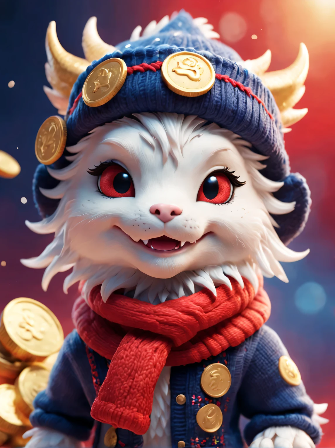 Plush toy design，（Cute furry smiling little zodiac dragon，Close one eye，wearing a woolen hat，Throwing gold coins in close-up action），（Gold coins flying），looks like barbie doll，Gorgeous stylish winter fashion sweaters and scarves，Ethereal，Dark navy blue and fiery red background, 2024 new year elements, , Cute 3d rendering, Cute and detailed digital art, slight feeling, stylized 3d render, 8K， 3D character art rendering, lovely digital painting, Anime style 3D, Ultra-detailed rendering, hyper HD, tmasterpiece, Acura, ctextured skin, super detailing, high detal, high high quality, Award-Awarded, Best quality at best, A high resolution, 16k,