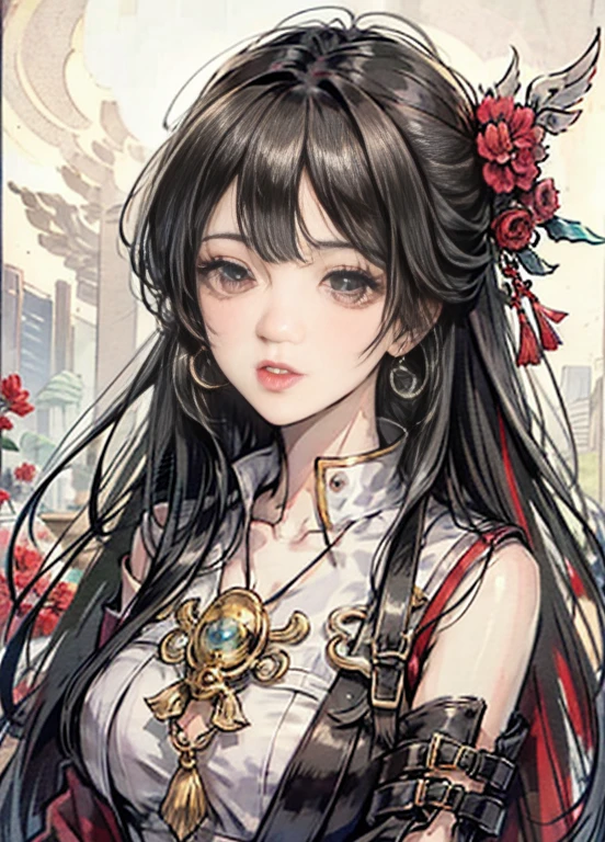 tmasterpiece、Need、natta、moon full、1female、、China-style、Ancient style China、Sister、Royal sister、ssmile、brunette color hair、updo、Red lips、Steady、intelligence, Hairpins, Hair flowers,Detailed facial details，Detailed eyeull bodyesbian，Gray pupils，Long hair，hydrangea