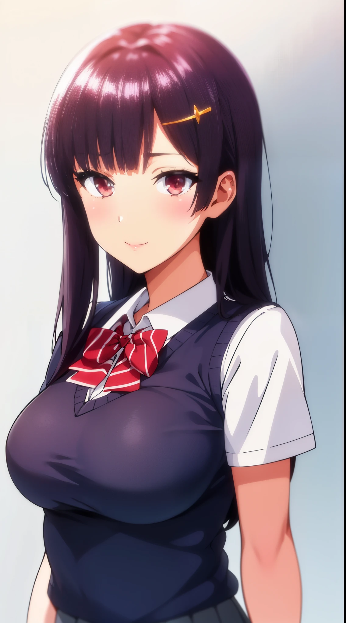 White Background,
school_uniform,red bowtie,white shirt,Blue sweater vest,pleated_skirt,
flower hair clip, hair flower, hair ornament, 
Red eyes,bangs, black_hair, long_hair,
1 girl, 20yo,Young female,Beautiful Finger,Beautiful long legs,Beautiful body,
Beautiful Nose,Beautiful character design, perfect eyes, perfect face,expressive eyes,perfect balance,
looking at viewer,(Focus on her face),closed mouth, (innocent_big_eyes:1.0),(Light_Smile:0.3),
official art,extremely detailed CG unity 8k wallpaper, perfect lighting,Colorful, Bright_Front_face_Lighting,White skin,
(masterpiece:1.0),(best_quality:1.0), ultra high res,4K,ultra-detailed,
photography, 8K, HDR, highres, absurdres:1.2, Kodak portra 400, film grain, blurry background, bokeh:1.2, lens flare, (vibrant_color:1.2),professional photograph,
(Beautiful,large_Breasts:1.4), (beautiful_face:1.5),(narrow_waist),