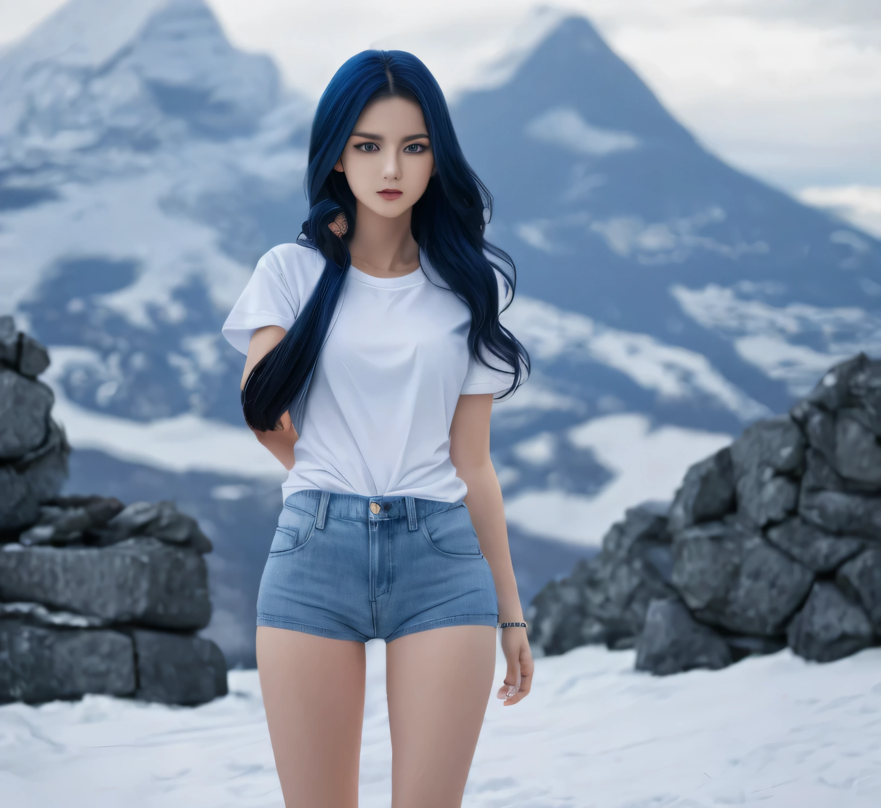 masterpiece, best_quality, ultra-detailed, highres, UHD, 4K, 8K, 1girl, solo, beautiful_and_delicate, human, anthro, anthromorph, anthro-shark, anime_girl, shark_fin, glossy_skin, white_skin, shark_tail, sharp_teeth, crop top, blue jean shorts, water_theme, cowboy_shot, full body view