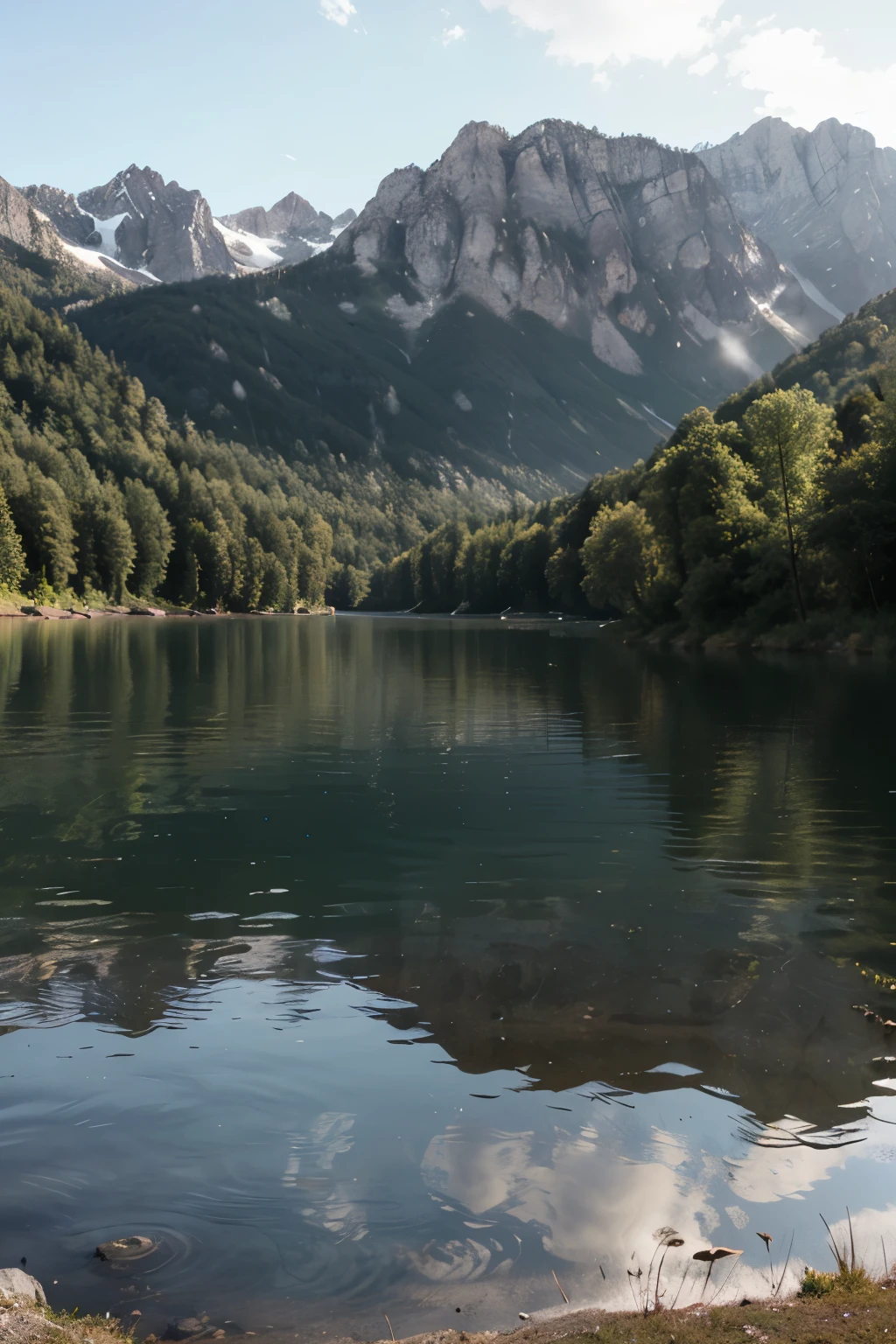 the lake mountains in the background