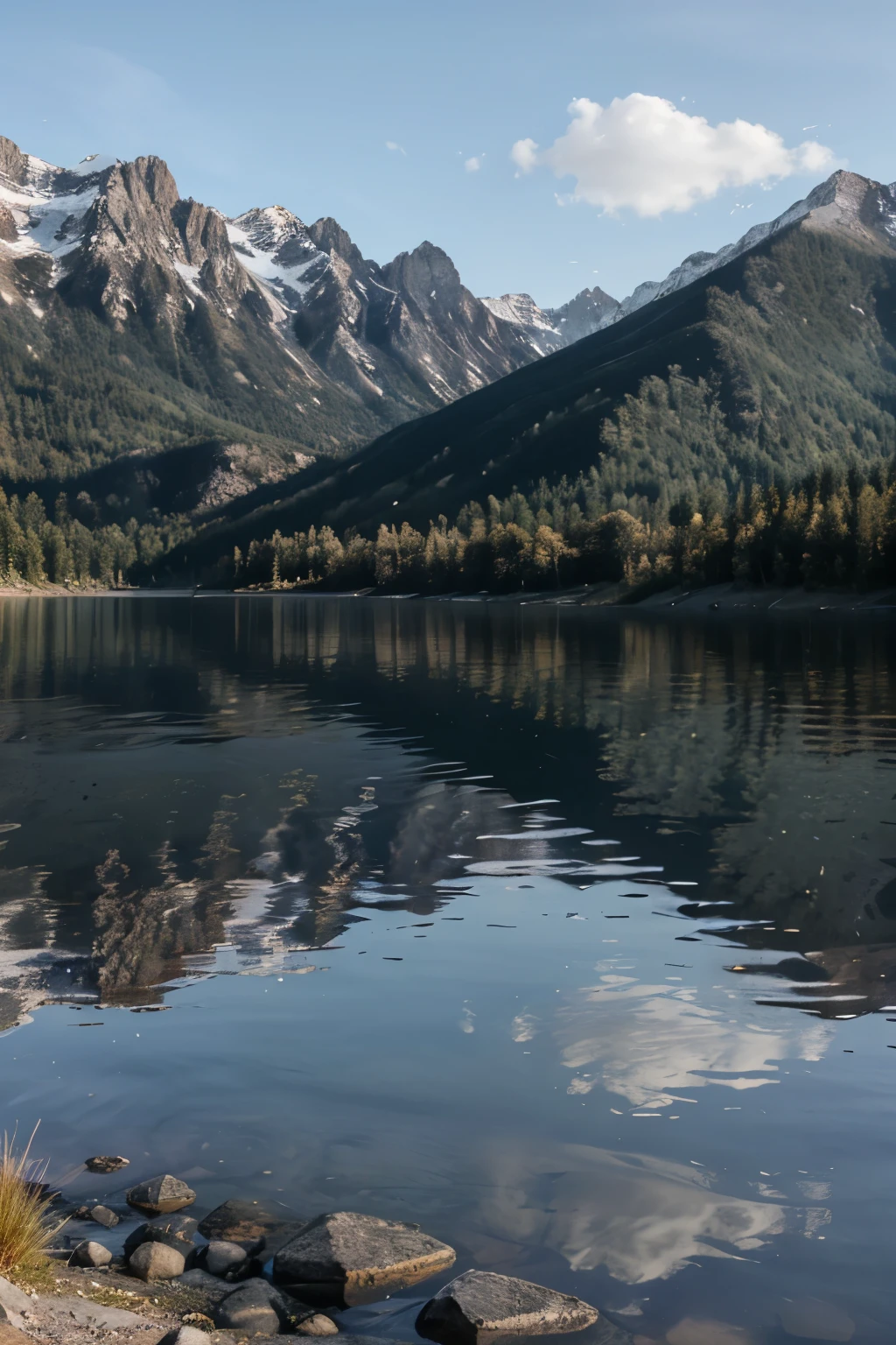 the lake mountains in the background