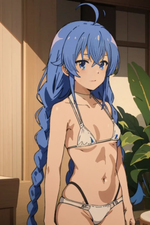 (masutepiece, Best Quality,), Roxy, 1girl in, Solo, lightsmile, Light blush, Twin braids, Long hair, Blue hair, Ahoge, blue eye ikini))), (((White Bikini))), Small breasts, Completely taken off, Upper body, Standing, Looking at the viewer, Sea、Nipples and pubic hair cannot be hidden with clothes、Nipples and genitals are fully visible