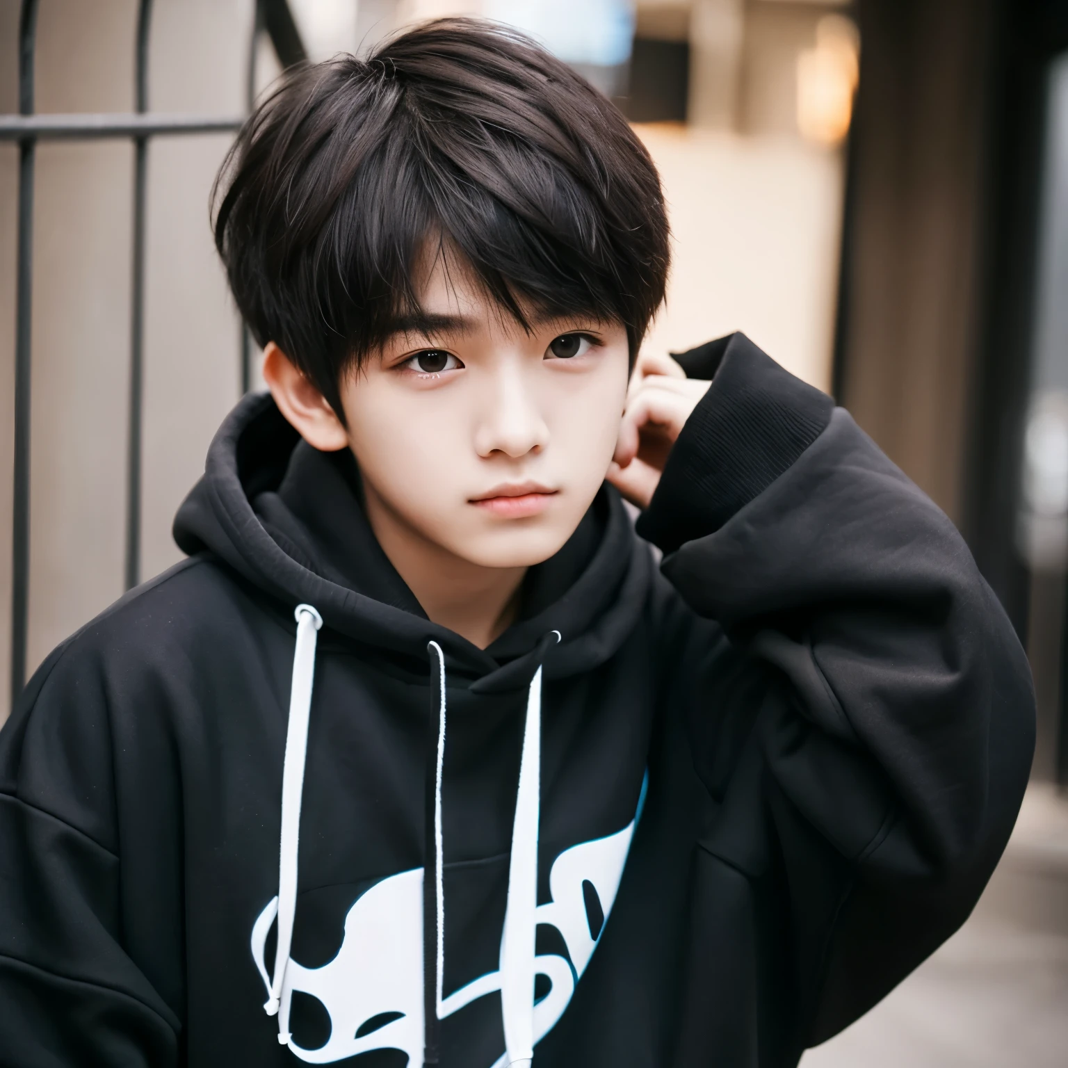 16 year old boy(gloomy、proud),With short black hair,dark brown eyes,Black hoodie,Ear studs,PC,unparalleled masterpiece ever,Very high quality。