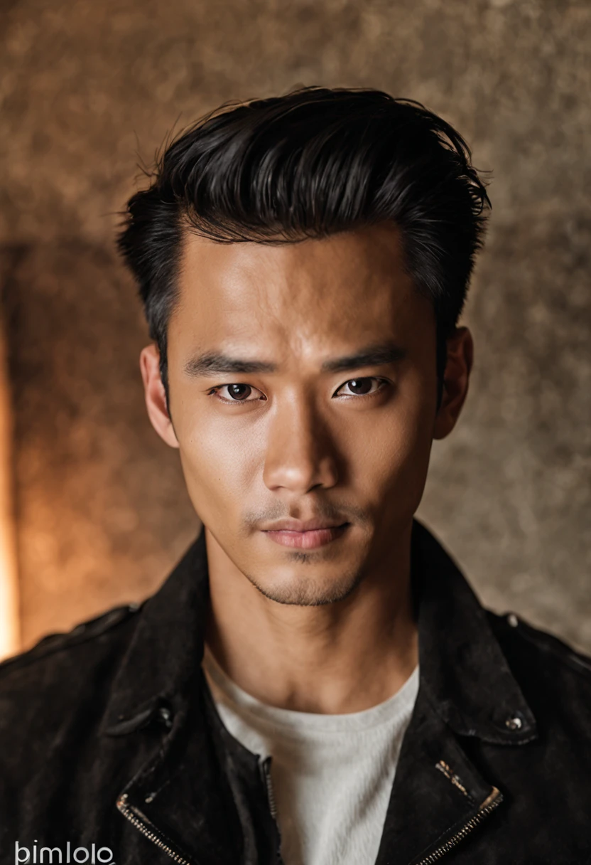 Portraiture photoshoot + close up + key light/fill light, a masculine Malay man, handsome, wear suede black jacket, short modern haircut.