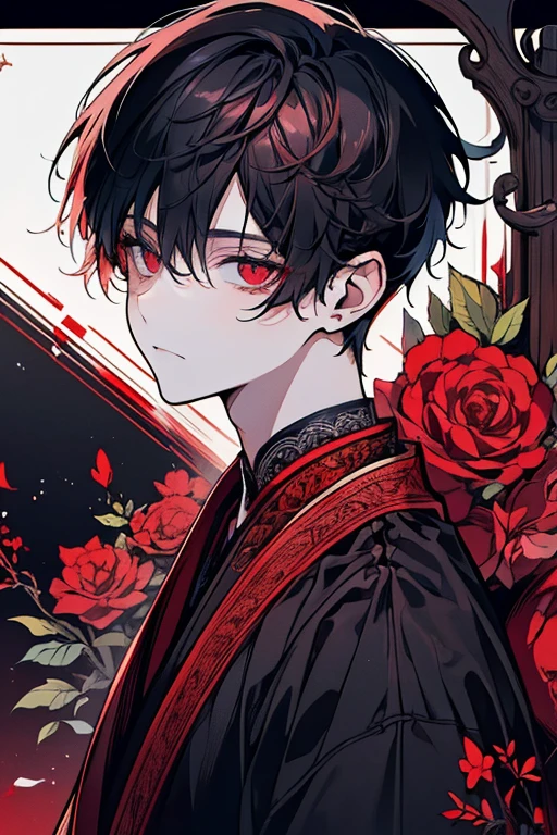 (masutepiece), (Best Quality), Highly detailed, 1 boy, Solo Focus，Perfect face, Beautiful face, extra detailed face，(A dark-haired:1.3)，(red eyes:1.3)，Fantasia，a gorgeous，Pedras preciosas