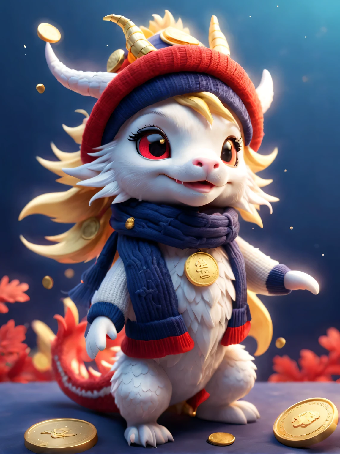 Plush toy design，（，Cute furry smiling little zodiac dragon，Close one eye），Wearing a woolen hat，（Throw gold coins），（Gold coins flying），looks like barbie doll，Gorgeous stylish winter fashion sweaters and scarves，Ethereal，Dark navy blue and fiery red background, 2024 new year elements, , Cute 3d rendering, Cute and detailed digital art, slight feeling, stylized 3d render, 8K， 3D character art rendering, lovely digital painting, Anime style 3D, Ultra-detailed rendering, hyper HD, tmasterpiece, Acura, ctextured skin, super detailing, high detal, high high quality, Award-Awarded, Best quality, A high resolution, 16k,