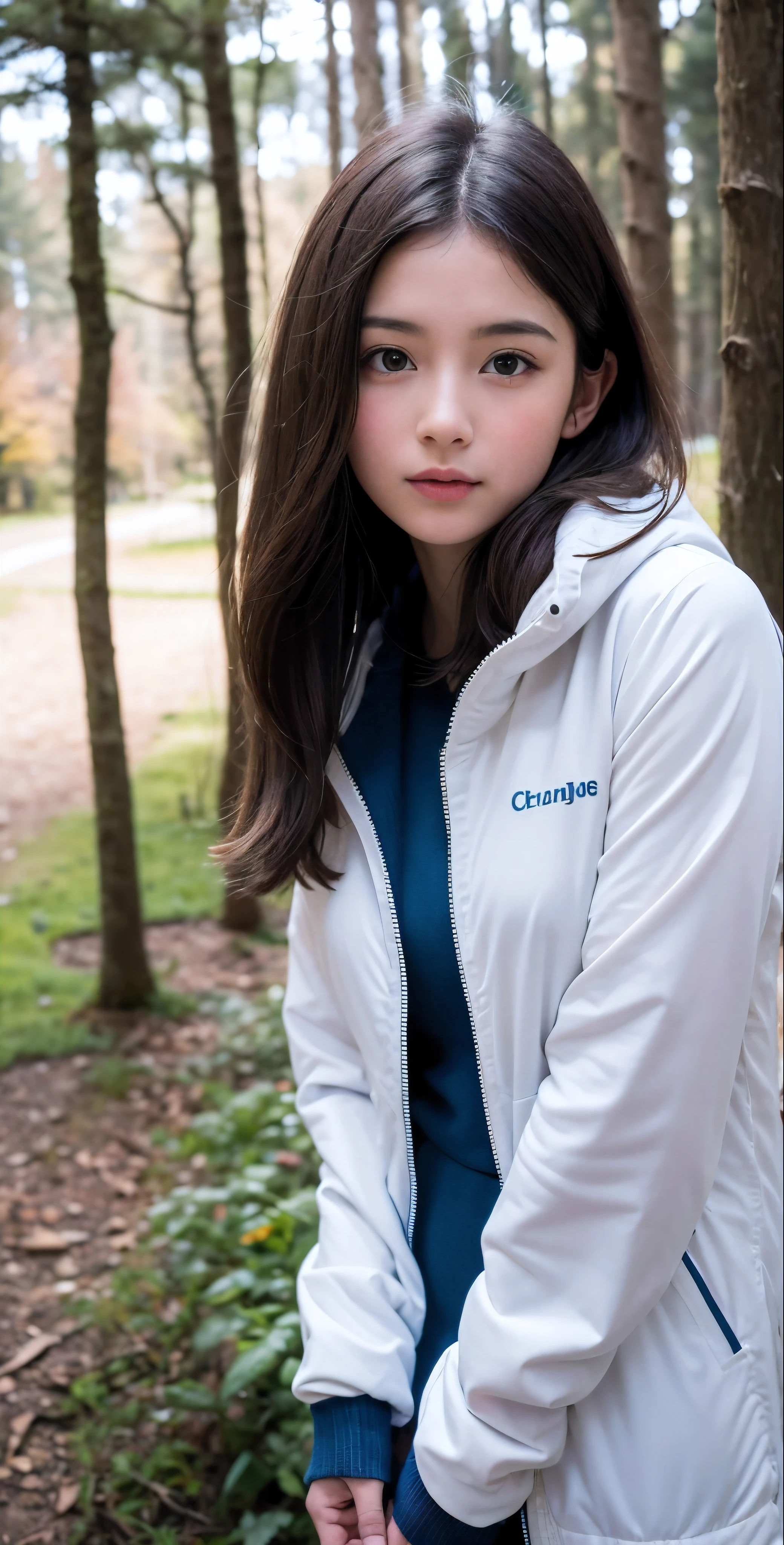 sporty attire, high high quality, Ukrainian  fairy winter snow in woods through the trees About 10 years ols, Smooth skin, ((Best quality, 8K, tmasterpiece :1.3)), 1 girl, beuaty girl , leisure wear :1.2, in woods, Very rich facial details, 詳細な目, 二重まぶた