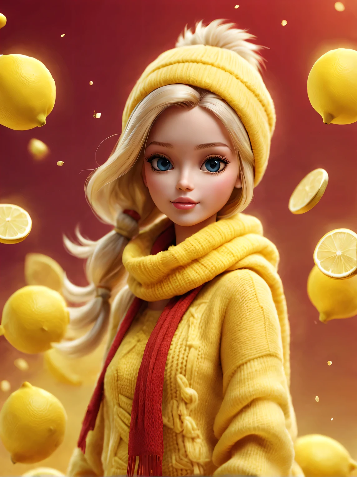 Plush toy design，（Close one eye可爱毛茸茸的戴毛线帽子的微笑小生肖龙正在扔金币的特写），（Close one eye：1.1）（Gold coins flying），looks like barbie doll，Gorgeous stylish winter fashion sweaters and scarves，Ethereal，Lemon yellow lemon and red hot brown sunburn background, 2024 new year elements, , Cute 3d rendering, Cute and detailed digital art, slight feeling, stylized 3d render, 8K， 3D character art rendering, lovely digital painting, Anime style 3D, Ultra-detailed rendering, hyper HD, tmasterpiece, Acura, ctextured skin, super detailing, high detal, high high quality, Award-Awarded, Best quality at best, A high resolution, 16k,