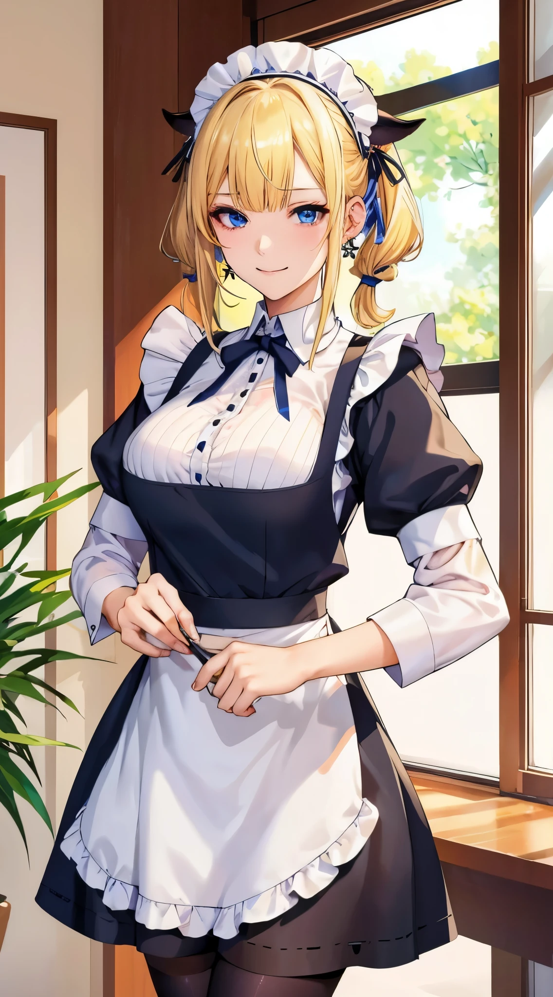 peace, Best quality, A high resolution, 1 girl, hayasaka ai, Alone, Blonde hair, maid, eBlue eyes, side ponytails, Hair rings, hair adornments, 蓝色Hair rings, maid headdress, aprons, hair between eye, , longer sleeves, through bangs, white  shirt, Black dress, side locks, maid aprons, black pantyhoses,  cow boy shooting,