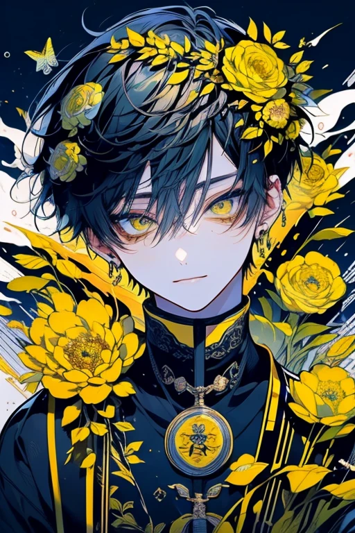 (masutepiece), (Best Quality), Highly detailed, 1 male, Solo Focus, Perfect face, Beautiful face, extra detailed face,yellow short hair, long yellow eyelashes、yellow eyebrows、Handsome man with expressive eyes, Smiling, Yellow eyes、细致背景