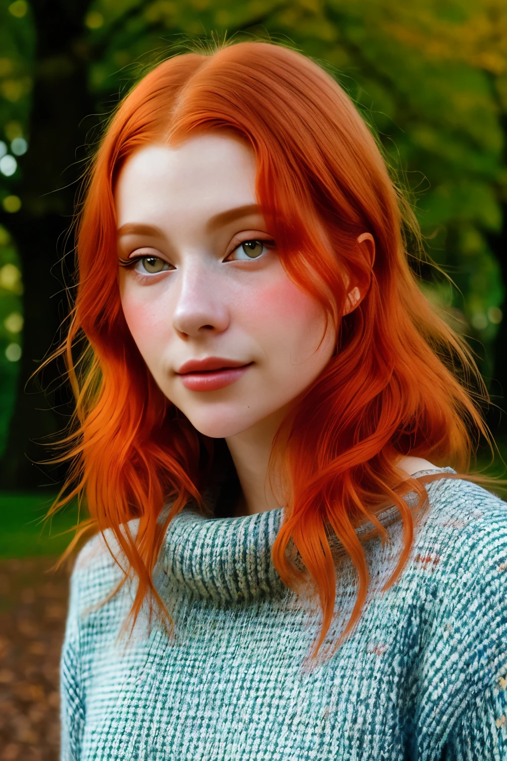 wearing (sweater), portrait, beautiful face, red hair, beautiful eyes, open eyes, hyper realistic, realistic texture, natural lighting, unreal engine, trend in artstation, cinestill 800, in the park