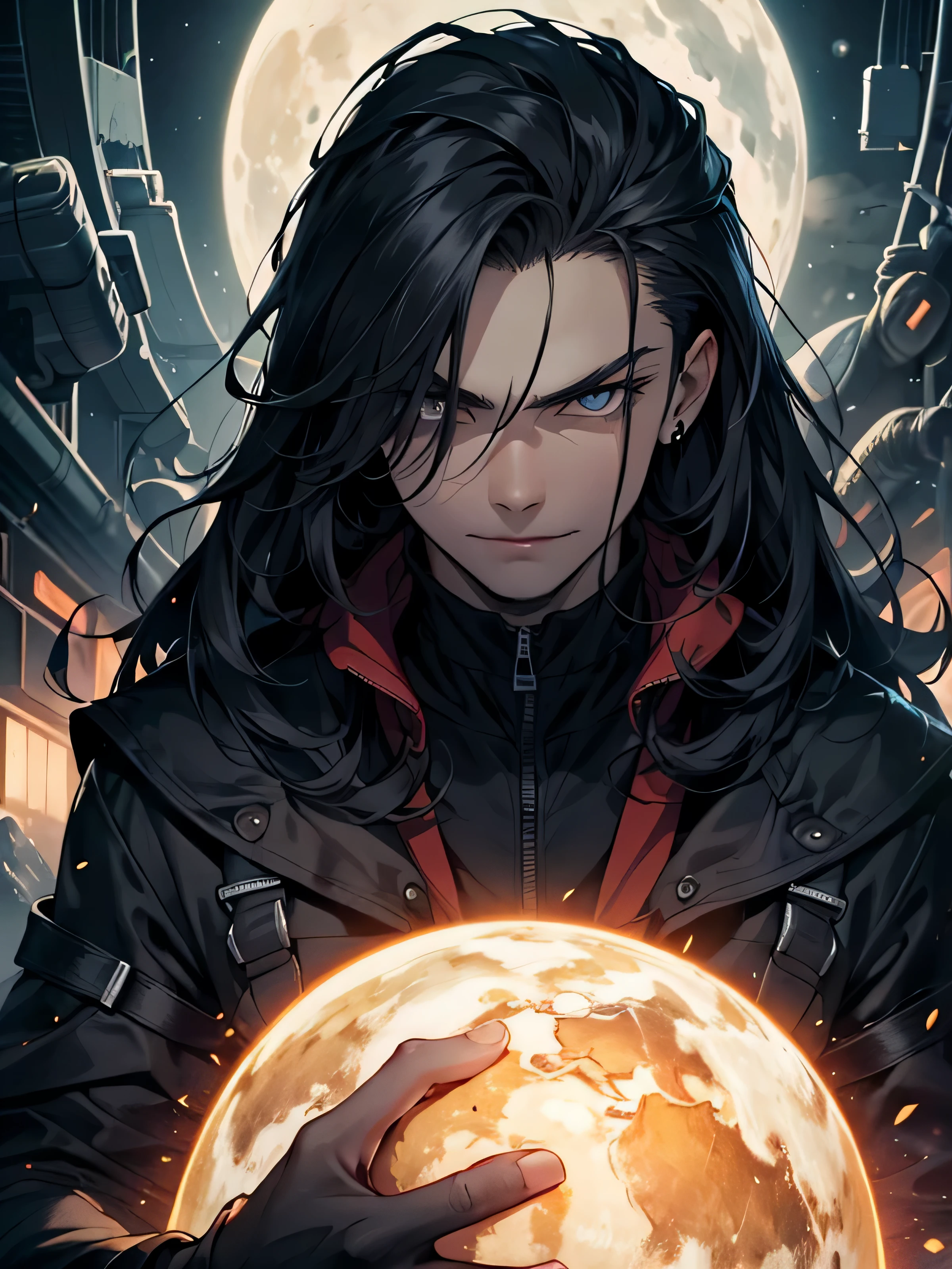 Masterpiece, Best quality, 1 homme, humain, adulte, 20 ans, mauvais look, mauvais smile, mauvais, Dark Hair, cheveux longs, visage vicieux, dark themed, sous une planete, paysage fantastique, Face avant, (Haut du corps)