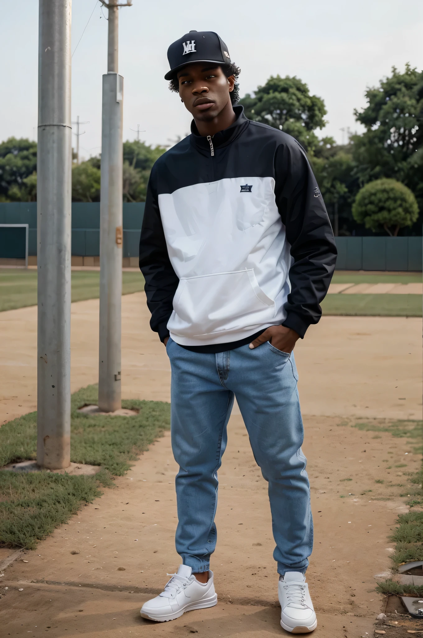 homem branco, com roupas estilo hip hop, Jaqueta de beisebol preta, forte, white sneakers, blue jeans, hand in pants pocket, na frente dele e de corpo inteiro, postura ereta, olhos penetrantes