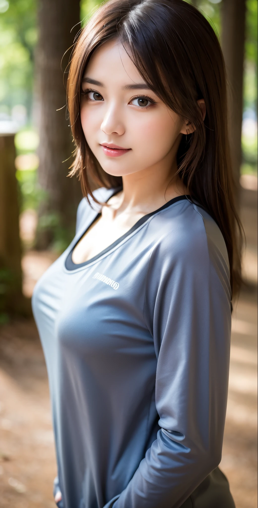 sportrait, high qulity, Smooth skin, ((Best quality at best, 8K, tmasterpiece :1.3)), 1 girl, Beautiful girl , leisure wear :1.2, in woods, Super detailed face, 詳細な目, 二重まぶた