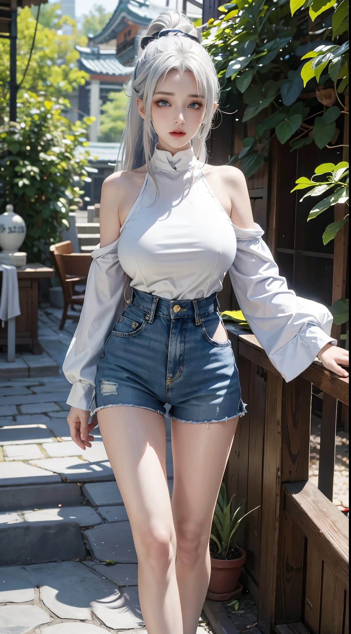 Ultra HD, Ultra Detail, Full Body, Realistic, 8K High Resolution, 1 Girl, Ponytail White Hair, Korean, Blue Eyes, Shirt, Skinny Denim Shorts, Big Breast, Thin Waist, Thighs