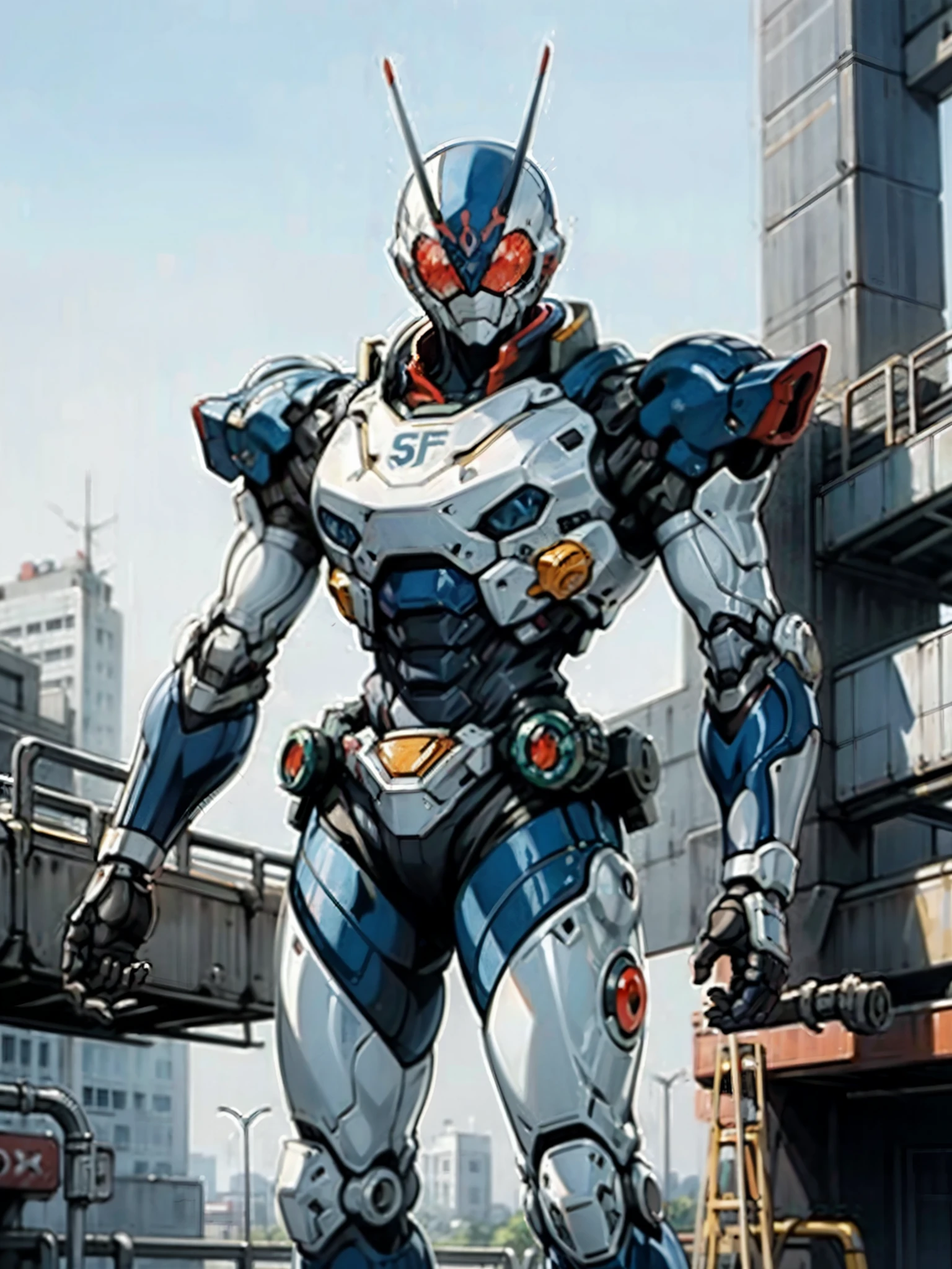 A super  a high-tech biotech battle suit, standing on a rooftop, looking over the city, Japanese tokusatsu and American comic style, biometallic texture of the suit, sleek and shiny, dynamic, fast, natural light, cinematic, high quality, high resolution, high detail, sophisticated design, dramatic, high definition, ultra-detailed, ultra-fine painting, extremely delicate, creativity, Natural light, cinematic lighting, best shadow, masterpiece-anatomy-perfect