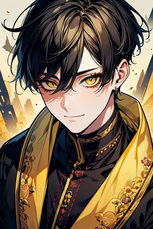 (masutepiece), (Best Quality), Highly detailed, Solo Focus,Perfect face, Beautiful face, extra detailed face,(masutepiece), (Best Quality), Highly detailed, 1 male, Solo Focus, Perfect face, Beautiful face, extra detailed face,yellow short hair, long yellow eyelashes、yellow eyebrows、Handsome man with expressive eyes, Smiling, Yellow eyes、细致背景、Fantasia,a gorgeous,Pedras Preciozarod