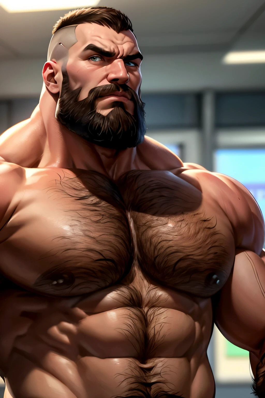 Zangief araffe man with purple shirt and tight blue pants with a large messy volume with obvious veins , with beard, Very beauthful. big muscles, big muscles, extremamente brawny, wearing purple undershirt, huge muscles, exaggeratedly large physique, big muscles, strong and imposing, huge muscles, muito brawny, huge shiny muscles, muito brawny, brawny, exaggerated muscular physique, big muscle, big biceps