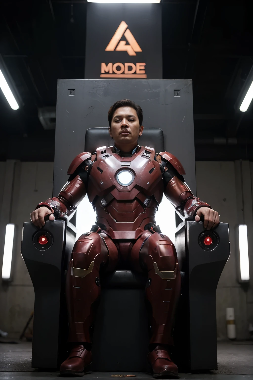 40yr old malay guy.slightly chubby.wear ironman armour sit on throne.big mighty lion side beside.roaring.cyberpunk style