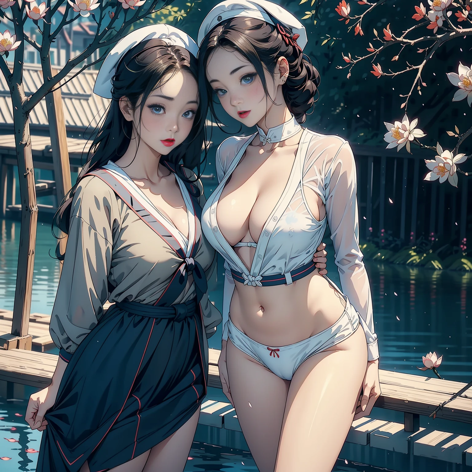 1female,45 yers old,Married Woman,,plumw,extremely large , 独奏,(Background with:ponds,Cherry blossom forest,lotus flower)standing on your feet, She has short black hair,seen from the front,, mostly cloudy sky,(((tmasterpiece),(Very detailed CG unity 8K wallpaper),best qualtiy,cinmatic lighting,detailed back ground,beatiful detailed eyeright pupillack eyes,Snow-whiteskin,Redlip(Very fine and beautiful),(Beautiful and detailed eye description),ultra - detailed,tmasterpiece,))facing at camera,A high resolution,ultra - detailed),revealing breasenitalia, Bulge,legs are open,Raised sexy,Camel s,Desissatisfactontage,Navy,elementary student,(Wearing:校服,Sailor's cap,Transparent sailor uniform,Bare ,)