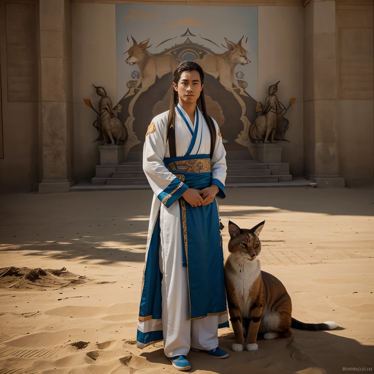 pintura china,caracal,man,lanza,Hanfu,Japanese mythology,artistic conception,Murales de Dunhuang,claridad muy alta,ultrahigh resolution,8k