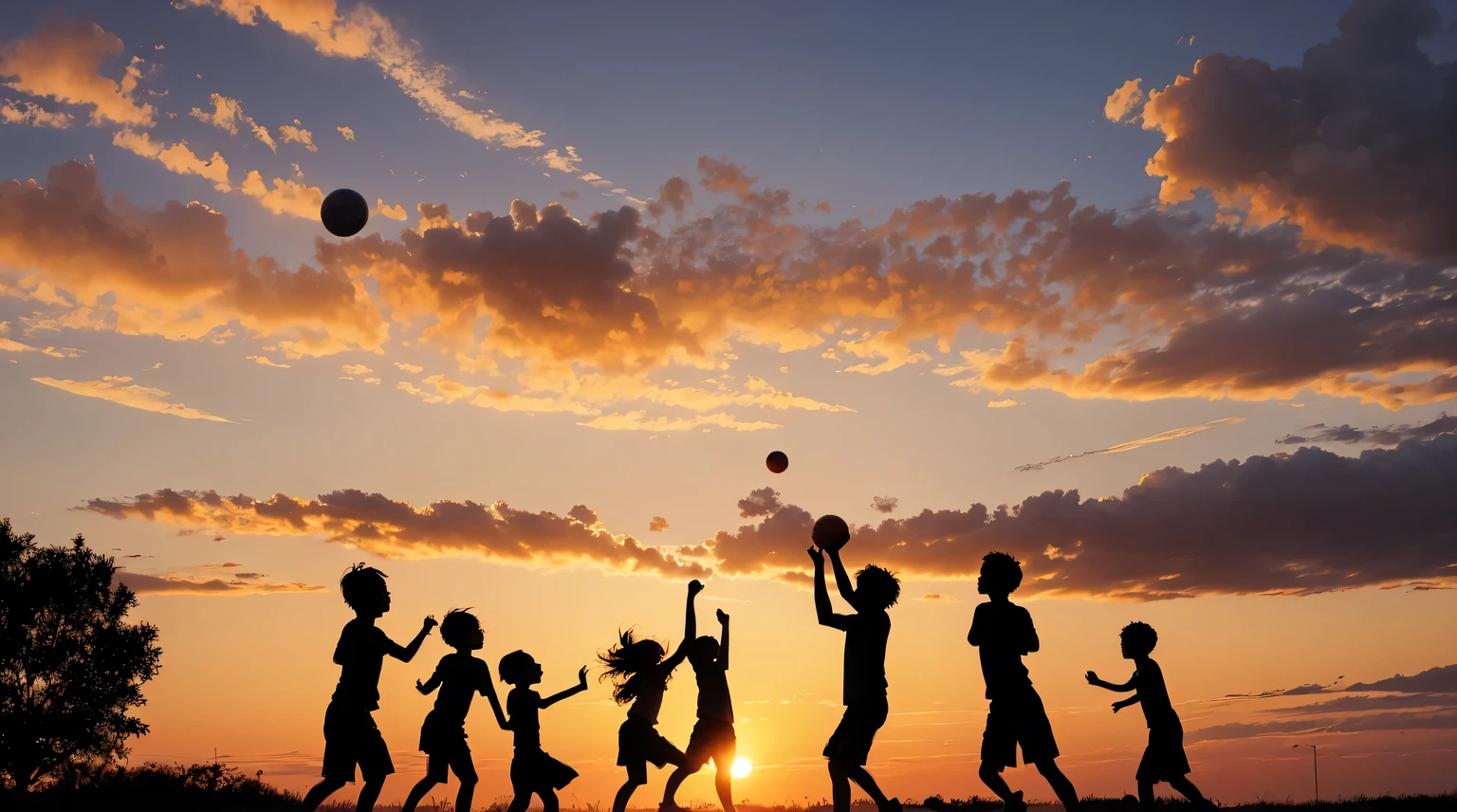 Silhouette Art, Silhouettes of children playing ball on the field, Sunset, Orange sky, (best composition), (masutepiece), (Best Quality), (ultra high detail)