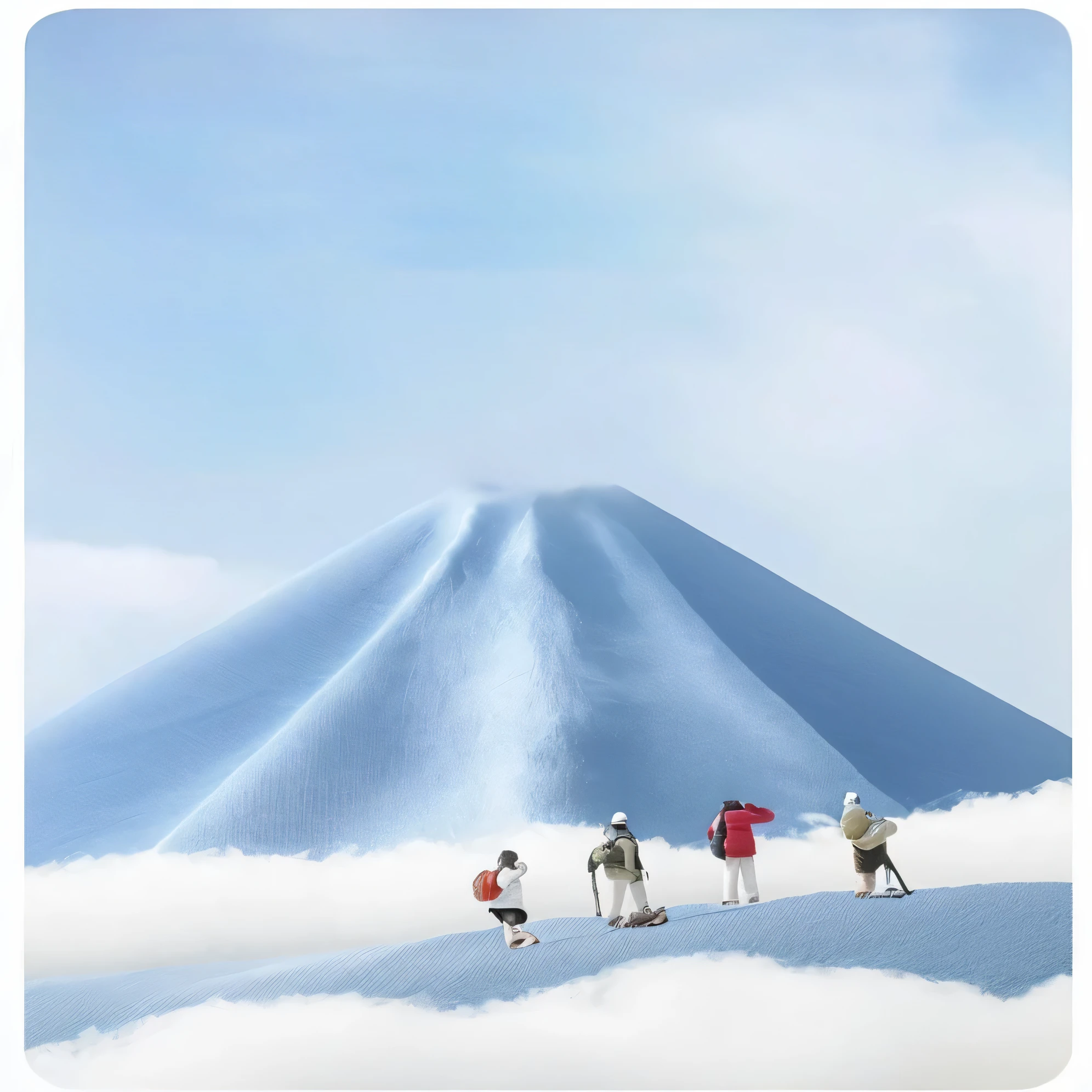 Four people standing on the mountain with sky background, A volcano, There is a snowy mountain , k hd，tmasterpiece