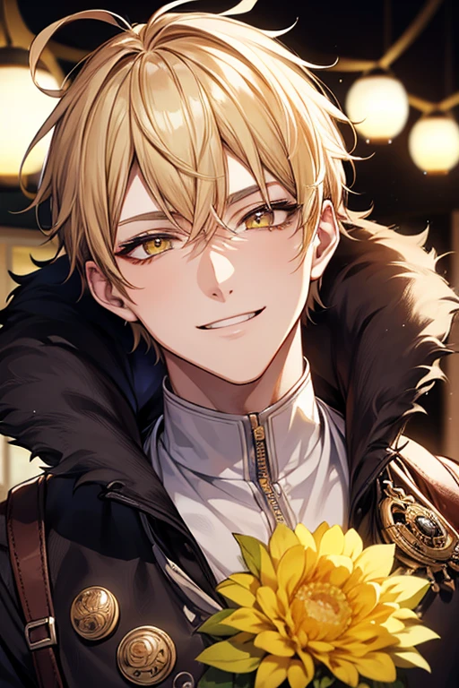 (masutepiece), (Best Quality), Highly detailed, 1 male, Solo Focus, Perfect face, Beautiful face, extra detailed face,yellow short hair, long yellow eyelashes、yellow eyebrows、Handsome man with expressive eyes, Smiling, Yellow eyes、细致背景