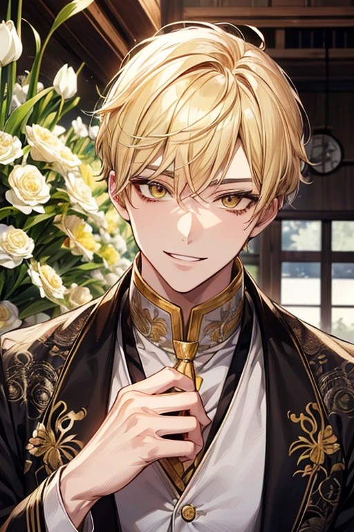 (masutepiece), (Best Quality), Highly detailed, 1 male, Solo Focus, Perfect face, Beautiful face, extra detailed face,yellow short hair, long yellow eyelashes、yellow eyebrows、Handsome man with expressive eyes, Smiling, Yellow eyes、细致背景、Flower shop